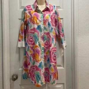 Cruz Cotton Button Up Dress/ Beach Cover Up in Sea Blossom - Size M - NWT